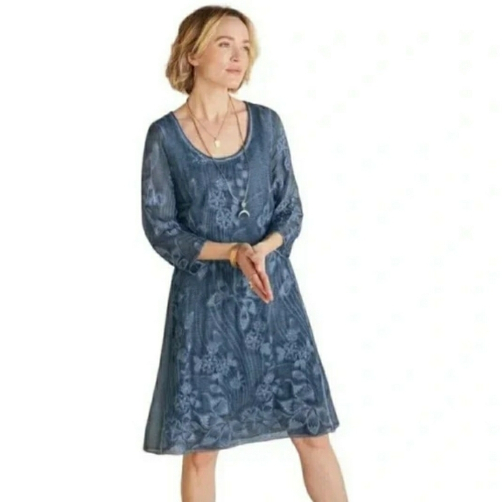 Soft Surroundings 100% Silk Starling Dress Petite Small Blue Embroidered Boho